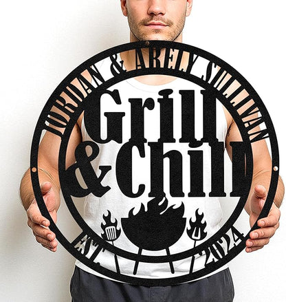 Custom Grill BBQ Metal Sign, Personalized Name Cut Wall Art for Outdoor Kitchen, Backyard Patio, Rustic Barbecue Gift