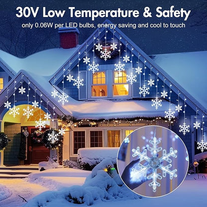 Christmas Snowflake Icicle Lights - 13ft 192LED Snowflake Drops, 12 Modes and Timer, IP65 Waterproof Connectable Christmas Lights for House Eave Window Indoor Outdoor, White