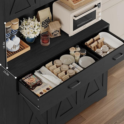 HOSTACK 71" Pantry Cabinet with Charging Station, Tall Kitchen Pantry Storage Cabinet with Microwave Stand, Farmhouse Kitchen Hutch with Storage Drawers for Living Room, Dining Room, Black Wood Grain