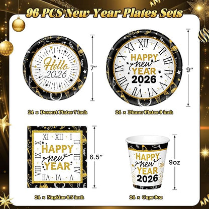 New Years Eve Party Supplies 2026-96 PCS Happy New Years Plates and Napkins Set-Nye Party Supplies Includes Happy New Year Plates Napkins Cups Nye Table Decorations 2026