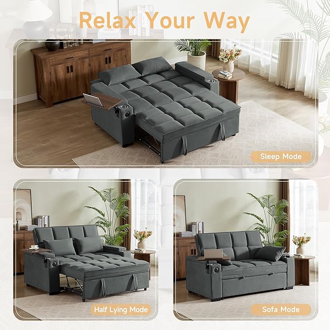 66" Multi-Functional Pull-Out Sofa Bed with Hidden Side Table, Storage Armrests, Built-in Charging Port, Spring Mattress, Solid Wood Frame – Ideal for Small Spaces, Easy Assembly