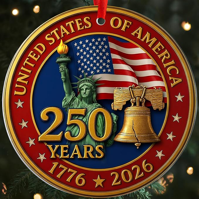 United States 250th Anniversary Ornament, 2D Acrylic 250th Anniversary USA Christmas Tree Ornament, 250 Patriotic American Christmas Ornaments, Gift for US Citizens, Patriotic Collectors (USA Pedal)