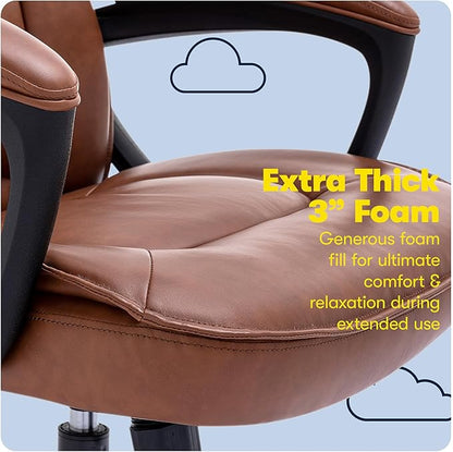 Serta Hannah Executive Home Office Desk Chair, Ergonomic Mid-Back with Lumbar Support, Firm Seat Cushion, Layered Body Pillows, Padded Armrests, Swivel Base, Easy Assembly, Bonded Leather, Cognac