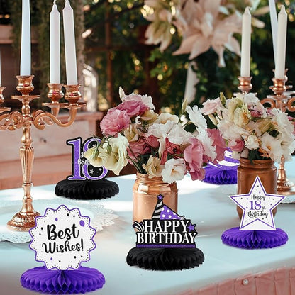 Happy 18th Birthday Decorations,18th Birthday Purple Glitter Shiny Stand Honeycomb Table Centerpieces - Cheers to Eighteen Years Old Birthday Party Photoprop Gift Sign.