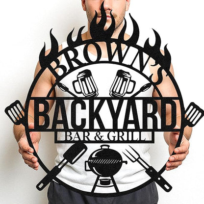 Rustic Metal BBQ Cut Sign, Personalized Grill Wall Art with Custom Name for Backyard Patio, Outdoor Barbecue Decor