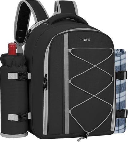 Picnic Backpack for 4 Persons with Insulated Leakproof Cooler Compartment, Cutlery Sets, Wine Holder, Fleece Blanket, Wedding Gifts for Couples, Perfect for Beach, Camping, Hiking, Black