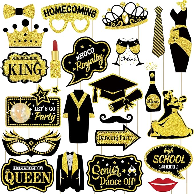 Generic 23 Pcs Homecoming Photo Booth Props Kit - Funny Homecoming Dance Party Photo Booth Props for High School or College Homecoming Party Decorations Supplies Favors, Black Gold Selfie Props