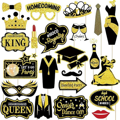 Generic 23 Pcs Homecoming Photo Booth Props Kit - Funny Homecoming Dance Party Photo Booth Props for High School or College Homecoming Party Decorations Supplies Favors, Black Gold Selfie Props