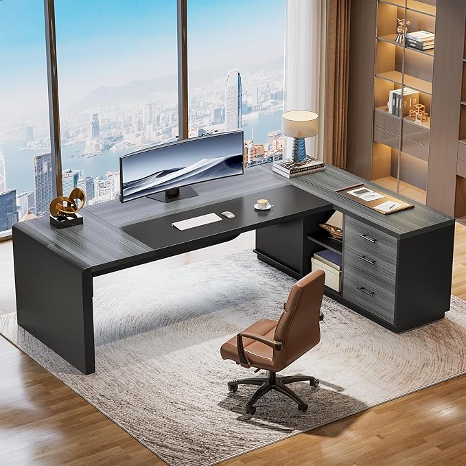 Tribesigns 80'' L-Shaped Desk Set of 6, Large Executive Office Desk with 55'' Drawers Cabinet, Modern Computer Table with Storage Shelves, Business Furniture for Office, Grey