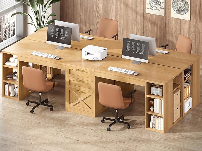 SEDETA Farmhouse 96.5" Computer Desk with Drawers, 2 Person Home Office Desk, Gaming Double Desk with Storage Shelves, Long Two Person Writing Desk, Oak