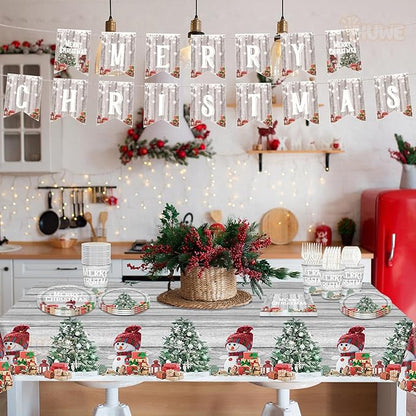 Christmas Plates Disposable Party Set, 170 Pcs MERRY CHRISTMAS Banner Tablecloths Plates Paper Napkins Cups Plastic Knifes Forks Spoons for Christmas Dinner Christmas Party Decorations Supplies