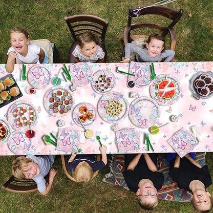 Butterfly Birthday Party Supplies Disposable Paper Plates Napkins Cups Tablecloth and Banner for Butterfly Girl Party Birthday Decorations, Serve 25