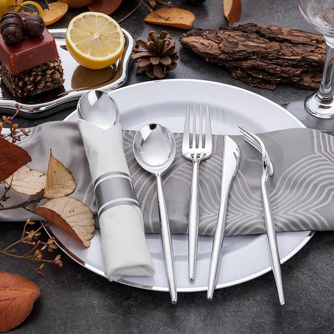 SUT 50 Pack Pre Rolled Silverware Set Disposable, 200 Pcs Silver Plastic Utensils Include 50 Forks, 50 Knives, 50 Spoons and 50 Napkins, Plastic Cutlery, Wrapped Silverware Set Disposable for Party
