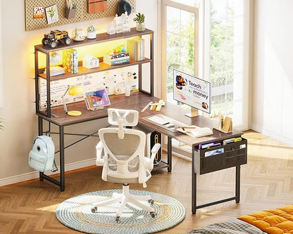 AODK L Shaped Desk Gaming Desk with LED Light & Power Outlet, 53 Inch Reversible L Shaped Computer Table with Shelf & Storage Bag & Hook for Home Office, Grey Oak