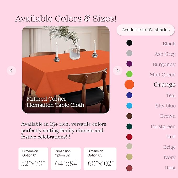 Orange Cotton Table Cover, Rectangle Table Cloth 60"x86", Fits 6-8 Seats, Soft, Durable, Washable, Wrinkle Resistant, Dining Tabletop for Fall Gatherings, Thanksgiving, Rustic Decor