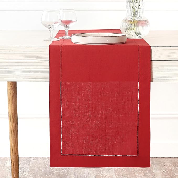 D'Moksha Homes Linen Bright Red Table Runner 72 Inches Long - 100% Pure Linen Hemstitch Table Runner 14 x 72 Inch for Dresser, Dining, Winter, Christmas, Holiday - Classic Hemstitch