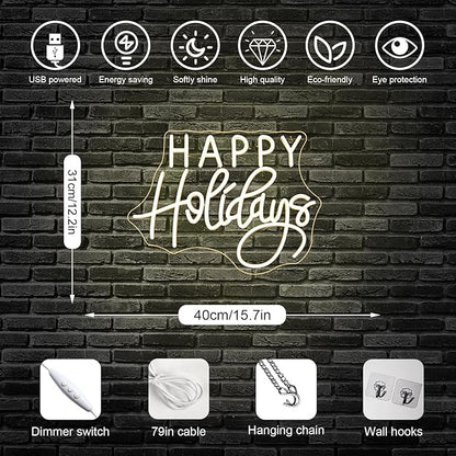 Horseneon Happy Holidays Neon Sign Merry Christmas Neon Signs for Wall Decor Christmas Tree Neon Light LED Sign with USB Powered for Party, Windows, Home Decor, Bedroom, Living room Warm