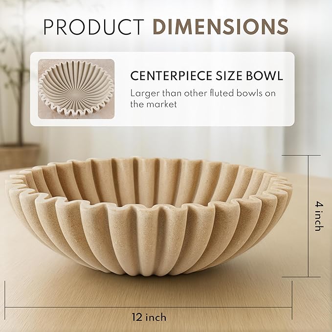 12" Extra Large Decorative Bowl – Modern Handmade Bowls for Home Decor, Decorative Fruit Bowl for Kitchen Counter, Ruffle Decor, Stylish Key Bowl for Entryway Table, Beige Artificial Stone