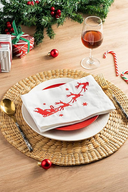 Christmas Cloth Napkins White Dining Table Dinner Napkins |Washable Cotton Napkins Easter Basket Decor|Sleigh Embroidered 18x18 in White Pk of 6 Cocktail Party Napkins