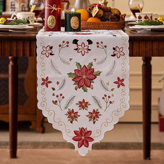 Joyfol Day Christmas Florals Table Runner 14 x 59 Inch, Embroidered Cutwork Poinsettia Holly Leaves Table Runners, Winter Holiday Flowers Tabletop for Xmas Party Decorations