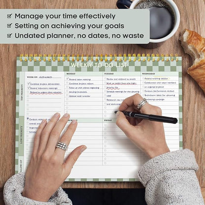 Taja Weekly To Do List Notepad with 52 Undated Sheets（8.5"×11"）- Weekly Desk Planner for Women & Man, Work and Home - 1 Pack Mint Checkered