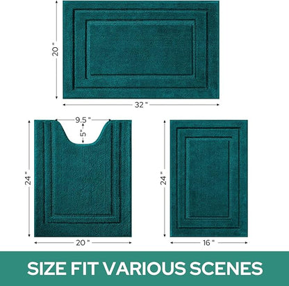 HOMEIDEAS Bathroom Rugs Sets 3 Piece, Super Soft and Absorbent Non Slip Microfiber Toilet Bath Mat with U-Shaped (Atlantic Blue)