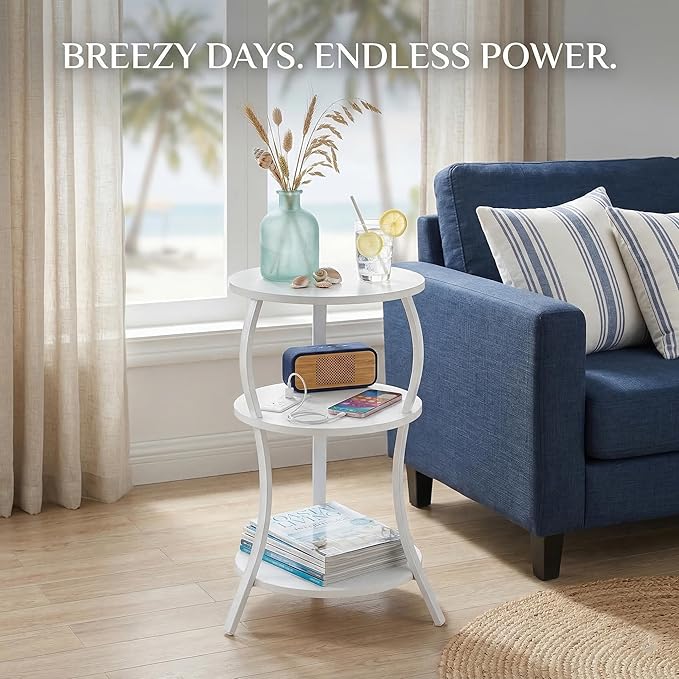 Small Round Side Table with Charging Station, 3-Tier Waist Circular End Table with Storage Shelf, Compact Tea Sofa Side Table Small Spaces, Round Corner Coffee Table for Living Room Bedroon,White