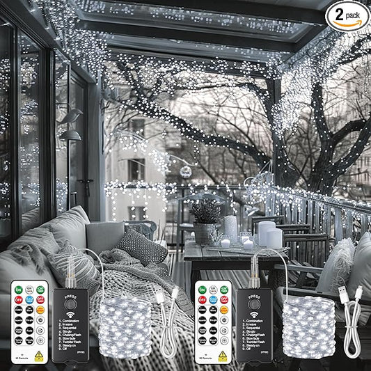 HXWEIYE Rechargeable Fairy Lights with Remote, 2 Pack 33ft 100LED Twinkle Lights with DIY Timer & Light Sensor, Waterproof Outdoor String Lights for Bedroom Patio Christmas Tree Decor, White