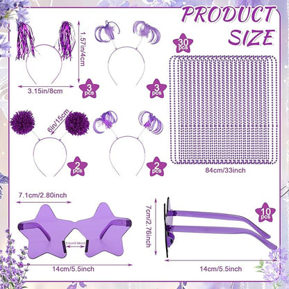 50 Pcs Purple Holiday Team Spirit Party Accessories Pom Pom Party Headbands Star Shape Sunglasses Bead Necklaces Stuff Favors for Birthday Wedding Supplies(Classic)