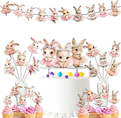 Bunnies Baby Shower and Birthday Party Supplies Set - Banner, Centerpieces, Cupcake Toppers, Cake Topper