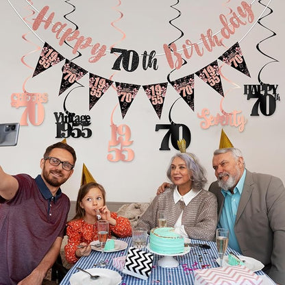 70th Birthday Decorations for Women, Black Rose Gold Happy 70th Birthday Banner Hanging Swirls Vintage 1955 Decorations Kit Cheers to 70 Party Supplies