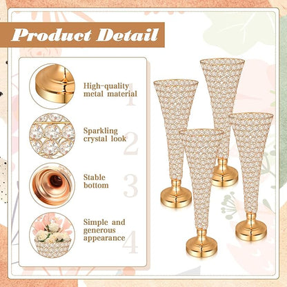 Rtteri 4 Pcs 20 Inch Tall Crystal Vase for Centerpieces Wedding Christmas Metal Crystal Trumpet Flower Vase Stand for Holiday Table Floor Wedding Banquet Celebration, Classic Elegance(Gold)