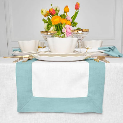 Solino Home Linen Table Runner 108 Inches Long - Aqua Blue and White 100% Pure Linen 14 x 108 Inch Table Runner for Dining - Contempo