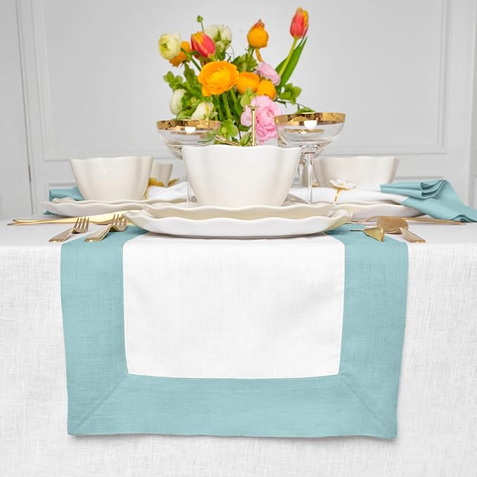 Solino Home Linen Table Runner 48 Inches - 100% Pure Linen Aqua Blue and White Short Table Runner 14 x 48 Inch Ideal for Dresser and Coffee Tables - Contempo