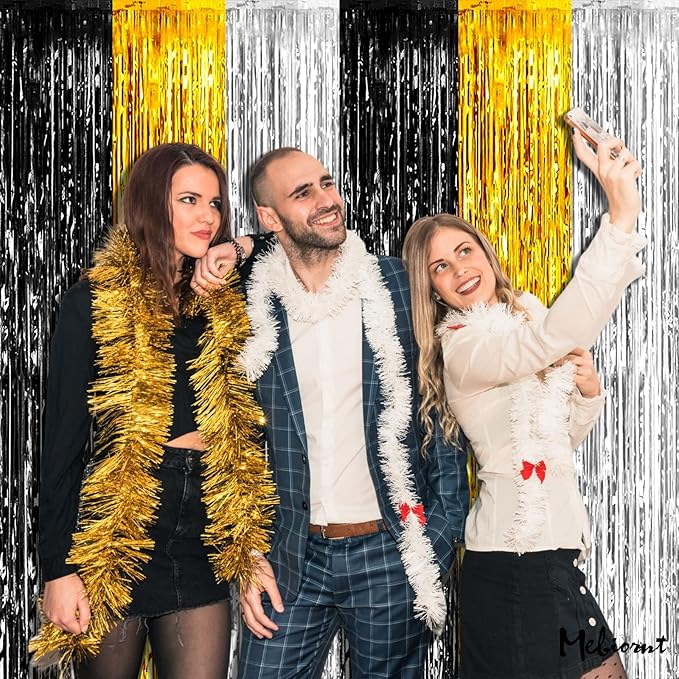 4 Pack 3.2Ft x 8.2Ft 2024 New Year Fringe Curtain Backdrop, Metallic Tinsel Foil Fringe Streamers Curtains for Wedding Notorious One Birthday Roaring 20s Graduation Party Decoration Black Gold Silver