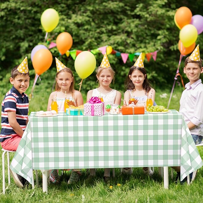 WNINK 4 Pack Sage Green Checkered Rectangular Plastic Tablecloths, Green Gingham Waterproof Disposable Table Covers 54" x 108" for Birthday, Baby Shower, Wedding, Outdoor Picnic Parties