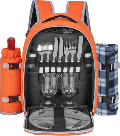 Picnic Backpack for 2 Persons with Insulated Leakproof Cooler Compartment, Cutlery Sets, Wine Holder, Fleece Blanket, Wedding Gifts for Couples, Perfect for Beach, Camping, Hiking, Orange