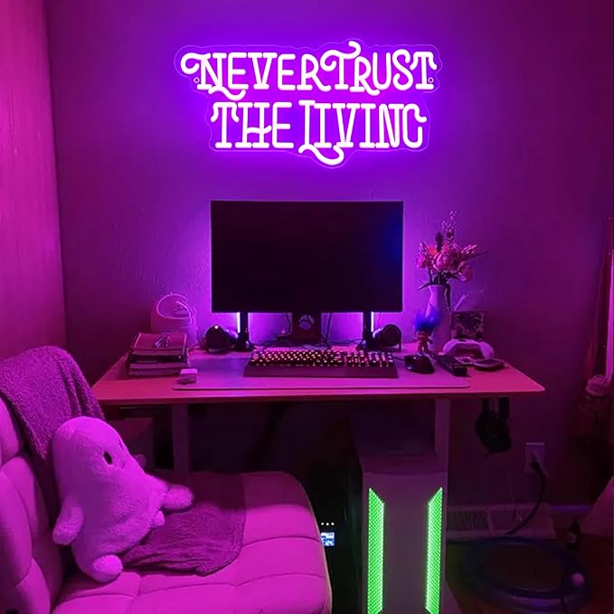 Never Trust The Living Neon Sign Mysterious Purple LED Light for Room Wall Decor Halloween Party Chamber of Secrets Man Cave Room Gothic Letters Neon