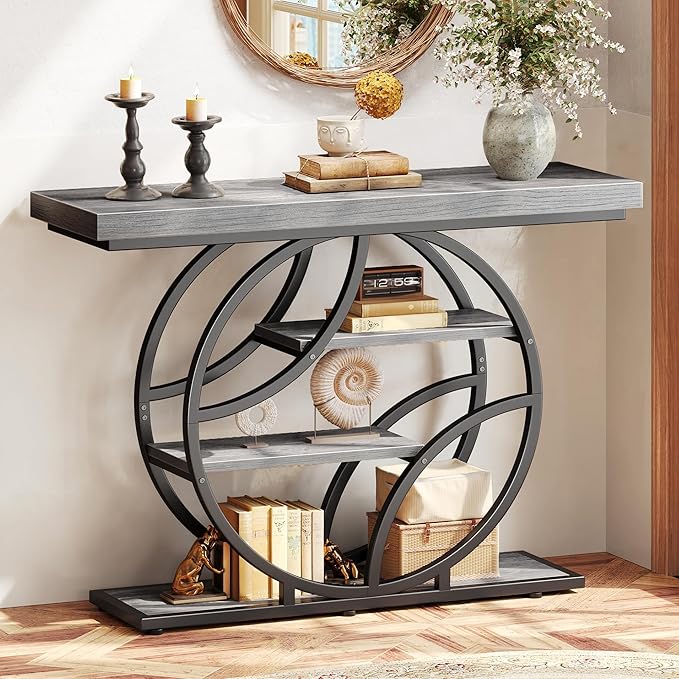 Huuger 41.3 Inch Entryway Table, Modern Console Sofa Table, Accent Table with Shelves, for Entry, Hallway, Entrance, Foyer, O-Shaped Metal Frame, Light Grey