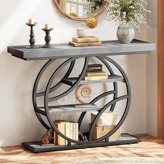 Huuger 41.3 Inch Entryway Table, Modern Console Sofa Table, Accent Table with Shelves, for Entry, Hallway, Entrance, Foyer, O-Shaped Metal Frame, Light Grey