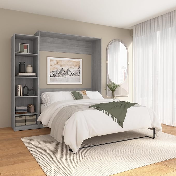 Bestar Claremont Queen Murphy Bed with Closet Organizer (85W) in Platinum Gray, Space-Saving Sleeping Arrangement for Multipurpose Room
