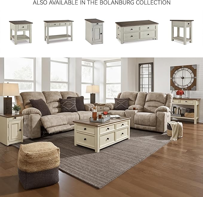 Signature Design by Ashley Bolanburg Chairside End Table With Charging Station, Two-Tone Wood Accent Table With Drawer Storage, Plank Top Design for Living Room or Bedroom, Antique White