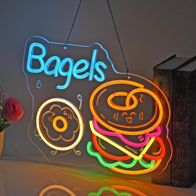 Bagels Neon Sign, Neon Lights Hanging Wall Art Decoration for Store Retail Shop Market Mall Grocery Bakeries Café Celebration Home Decor, USB Powered Ultra Bright Dimmable, 15.75*12.2 inches