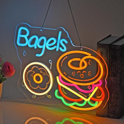Bagels Neon Sign, Neon Lights Hanging Wall Art Decoration for Store Retail Shop Market Mall Grocery Bakeries Café Celebration Home Decor, USB Powered Ultra Bright Dimmable, 15.75*12.2 inches