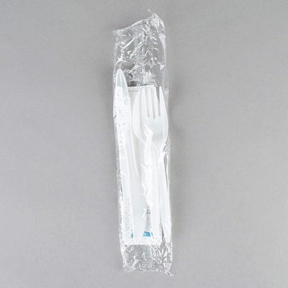 100 Pack Medium Weight Wrapped white Plastic Cutlery Pack with Napkin and Salt/Pepper Packets (White)