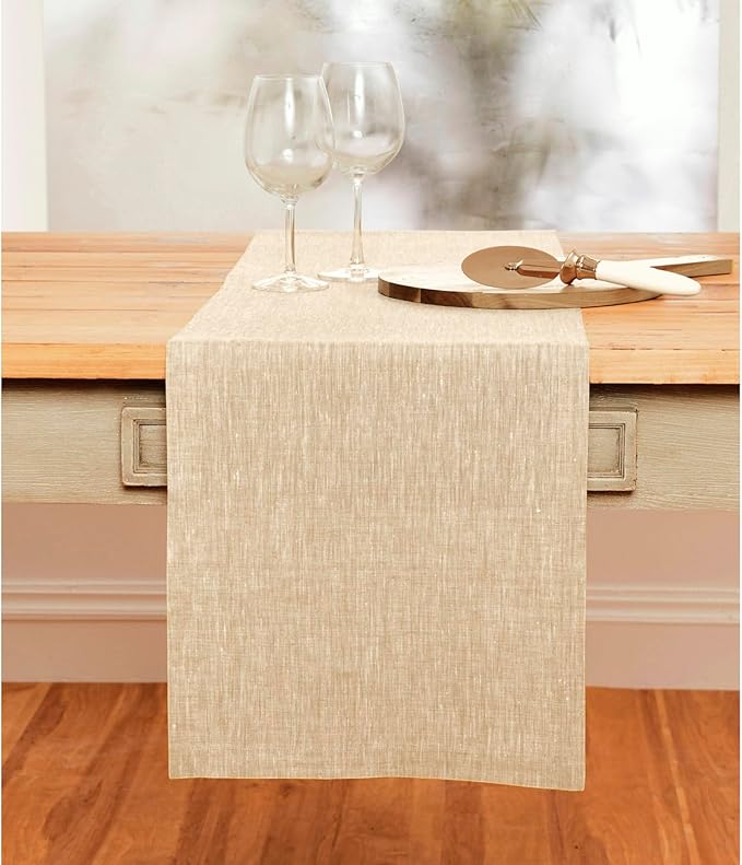 Solino Home Linen Champagne Beige Table Runner 108 Inches Long - Athena, 100% Pure Linen Dining Table Runner 14 x 108 Inch for Fall, Autumn, Christmas, New Year