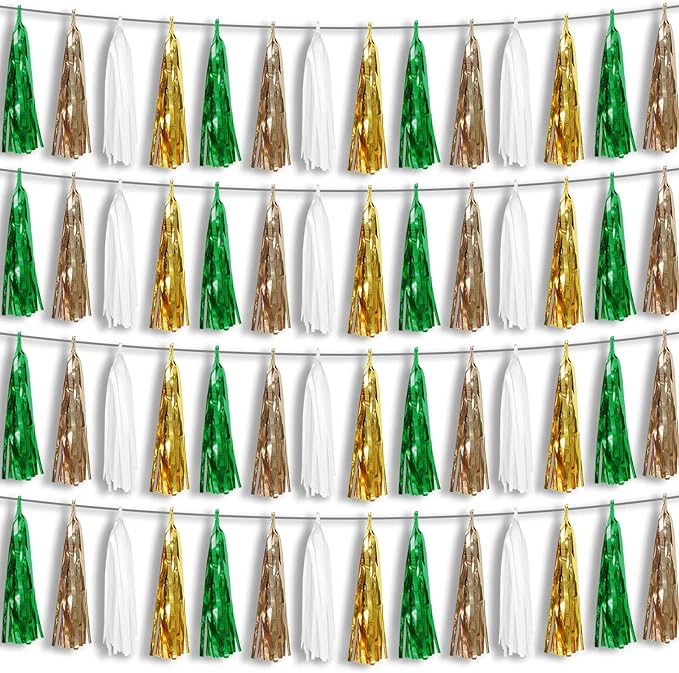 4P Sage-Green Beige-Mint Gold Foil Fringe Metallic Tassel Garland Banner, Tassels Banner Streamers for Parade Floats, Bachelorette, Wedding, Birthday, Christmas, Bridal/Baby Shower Party Decorations