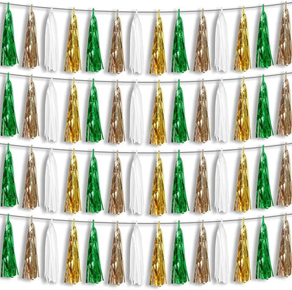 4P Sage-Green Beige-Mint Gold Foil Fringe Metallic Tassel Garland Banner, Tassels Banner Streamers for Parade Floats, Bachelorette, Wedding, Birthday, Christmas, Bridal/Baby Shower Party Decorations
