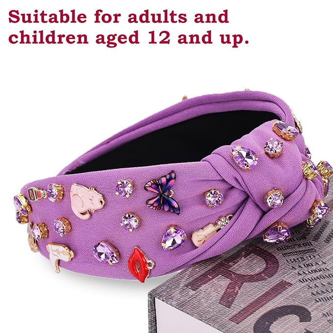 Music Headbands for Women, Singer Fans Gift Guitar Red Lip Rhinestone Wide Jeweled Knotted Headband, Crystal Beaded Jeweled Knot Embellished Headband Hair Accessories Concert Birthday Gift - Purple
