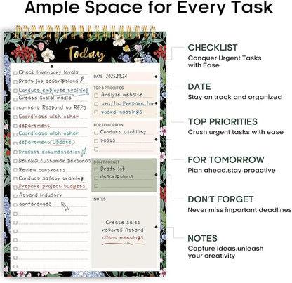 Taja To Do List Notepad - To Do List Notebook for Work with 52 Sheets, 9.8" x 6.5", Undated Daily Planner Perfect for Daily Tasks and Goal Setting, Notepad Suitable for Office, Home & School - Forest Bloom
